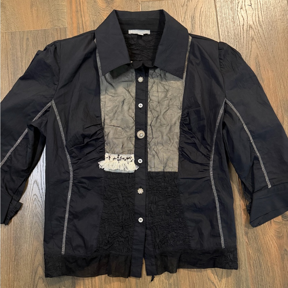 Cocomenthe Black Textured Blouse with Tie Back